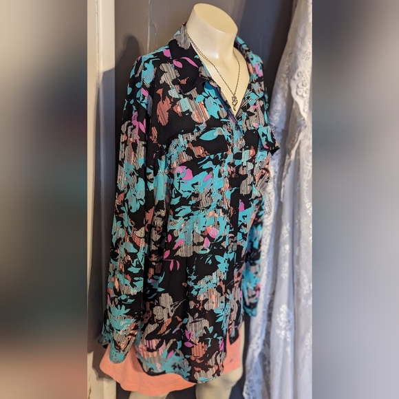 Boutique blouse 80s style fun spring button up teal floral funky 2x plus tall - Picture 3 of 7